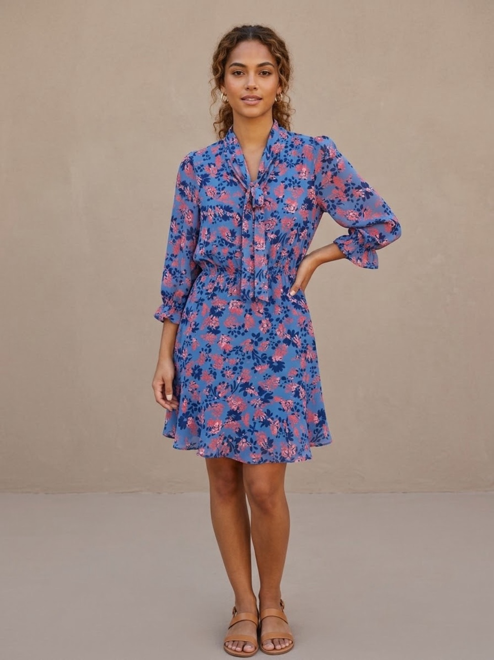 THML Blue Coral Floral Neck Tie Mini Dress Small